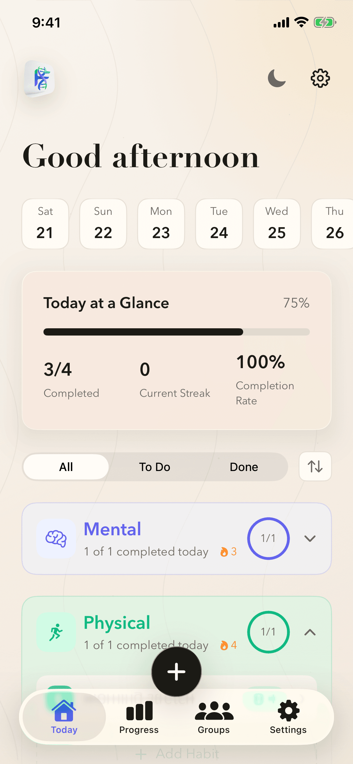 HabitForge dashboard — 14-day streak, Forge Score 537
