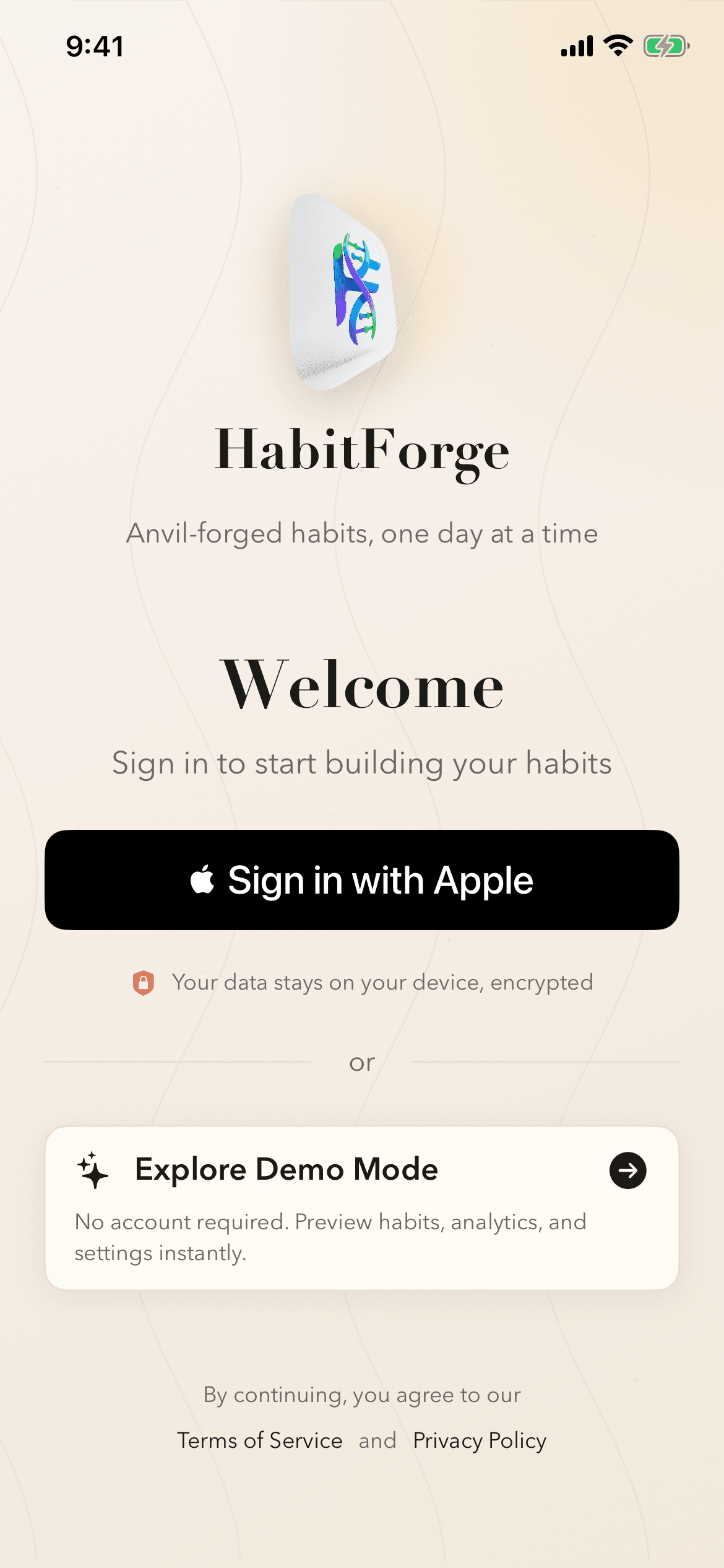 HabitForge sign in screen
